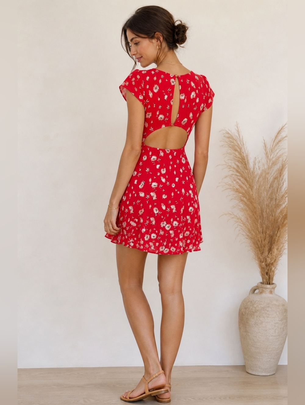 Free People‎ Miss Right Red Floral Keyhole Cutout Open Back Mini Dress